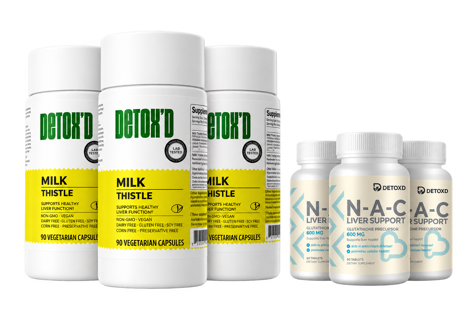 3 Milk Thistle and 3 NAC bottles