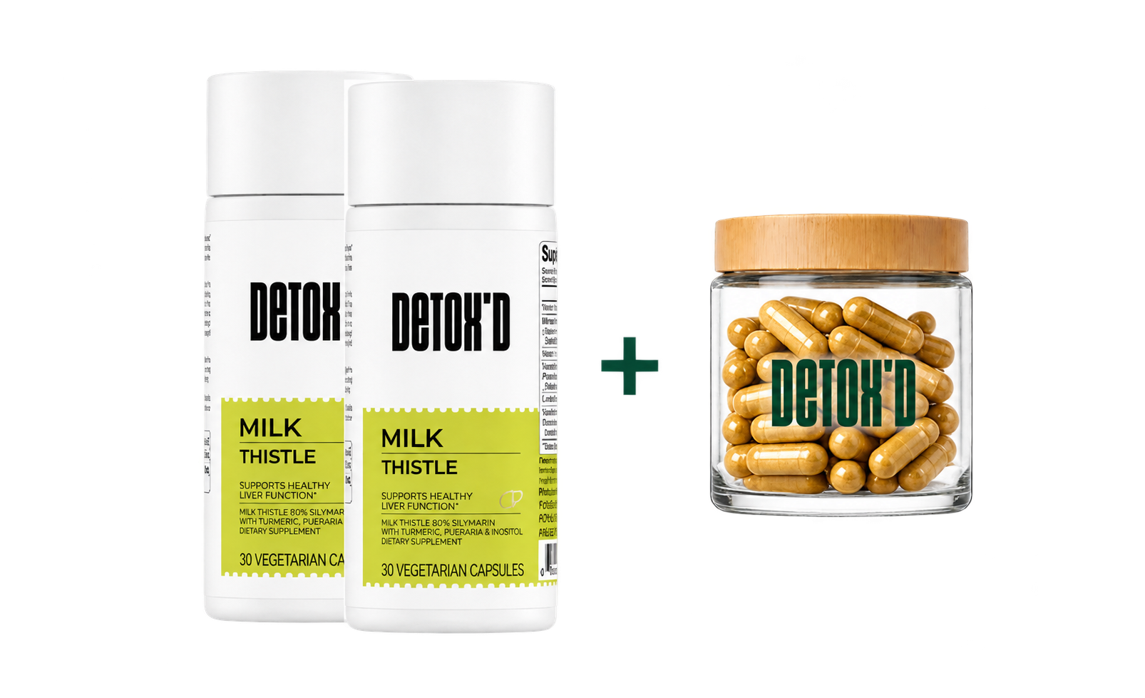 Two DETOXD Milk Thistle bottles plus Bamboo Lid Glass Jar