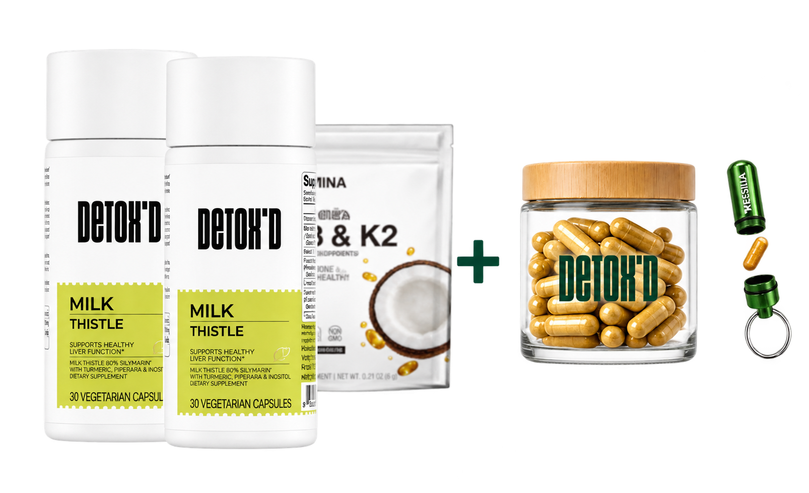 Two DETOXD Milk Thistle bottles, Vitamin D3 and K2, Bamboo Lid Glass Jar and On-the-Go Softgel Case